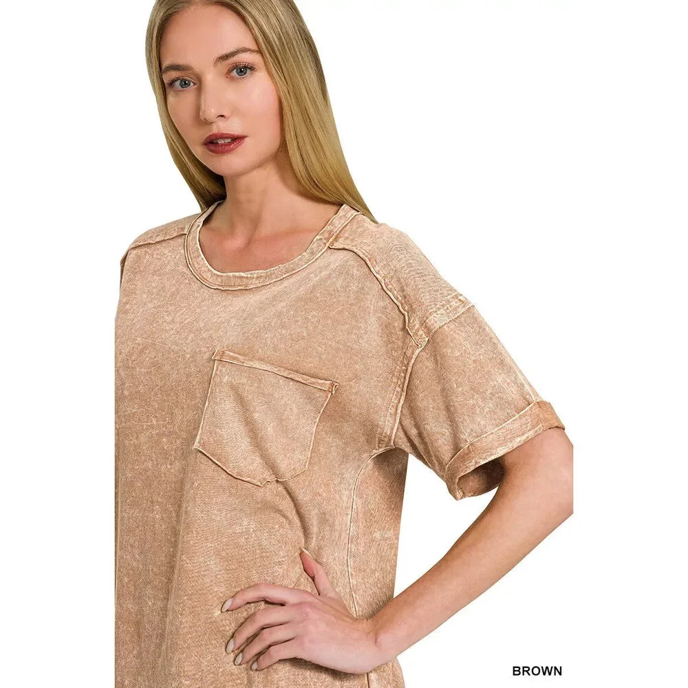Zenana Halo Snow Washed Exposed Seam Top & Shorts Set